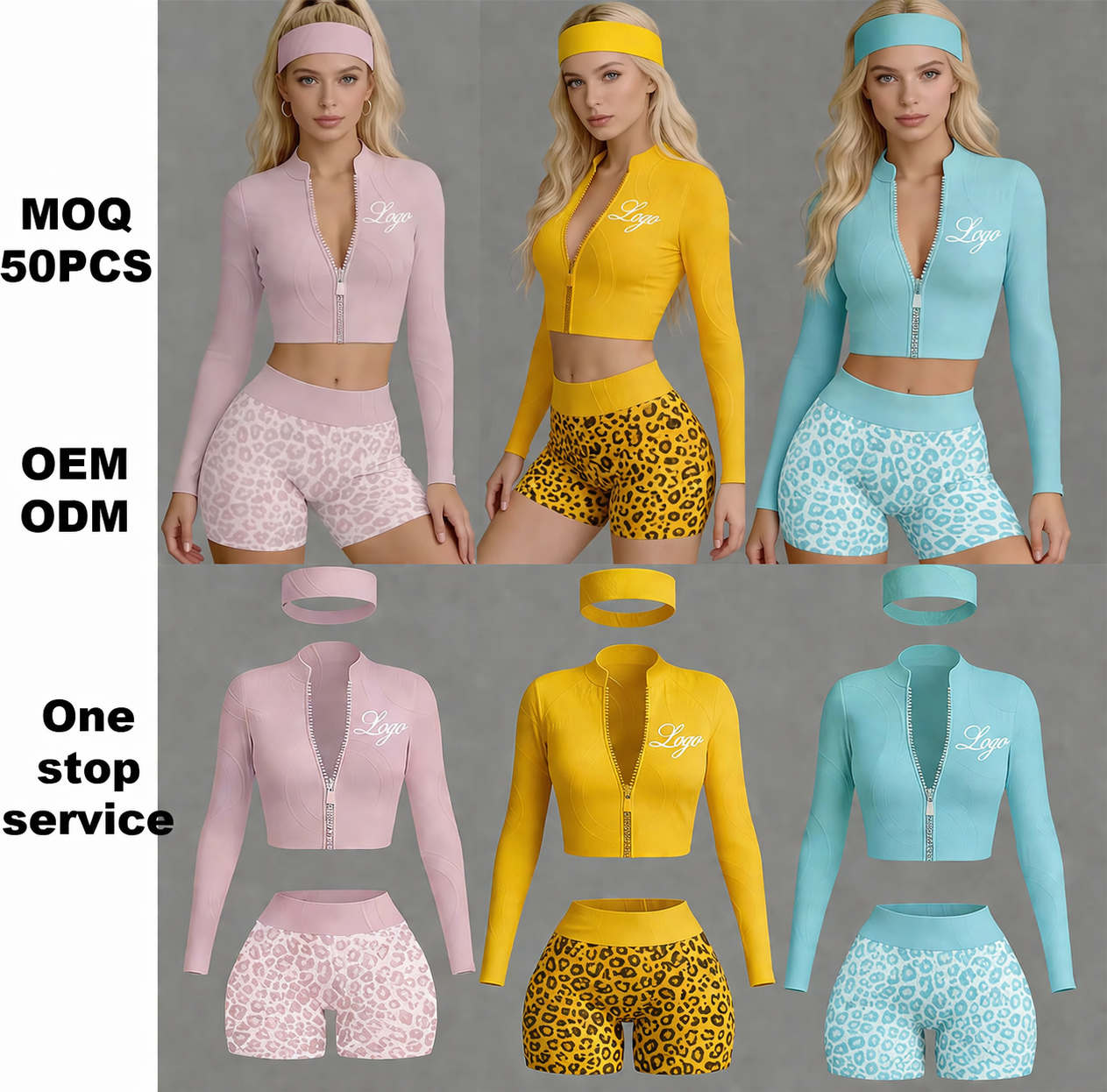 Custom Long Sleeves T Shirt And Shorts 3 Pieces Shorts Set Workout Sets Leopard Print Zip Jpgger Set For Women Sporty Sets