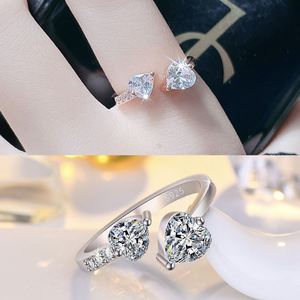 Women Mirco Pave Moissanite Diamond <b>Ring</b> <b>Adjustable</b> <b>Silver</b> Plated Double Heart Cubic Zirconia Wedding Engagement <b>Ring</b> - Product Image 2