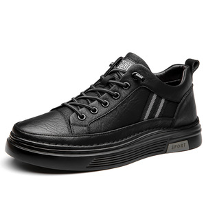 Baskets en cuir noir respirantes pour hommes, chaussures de sport décontractées à enfiler, couleur unie, origine Wenzhou - Product Image 5