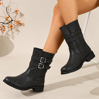 Bottes mi-mollet décontractées pour femme, style motard, à enfiler, avec double boucle métallique, bout rond, talon carré bas, tige en PU, doublure en maille, collection automne