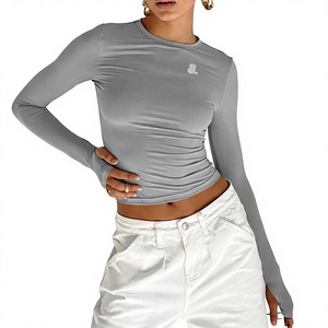 Women's Gray Long <b>Sleeve</b> <b>Crop</b> <b>Top</b> Crew Neck Slim Fit Knitted Spandex Polyester Minimalist Solid Logo Design All Seasons - Product Image 1
