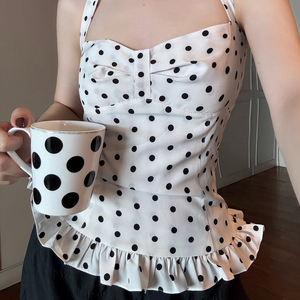 Y2K Women's Polka Dot Halter Neck Backless Crop Top, Ruched Ruffle Hem Slim Fit Sexy Blouse for Vacation - Product Image 3