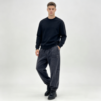 Jean délavé homme gris foncé, taille élastique, coupe ample, poches plaquées, bas de jambe élastiques, cordon de serrage