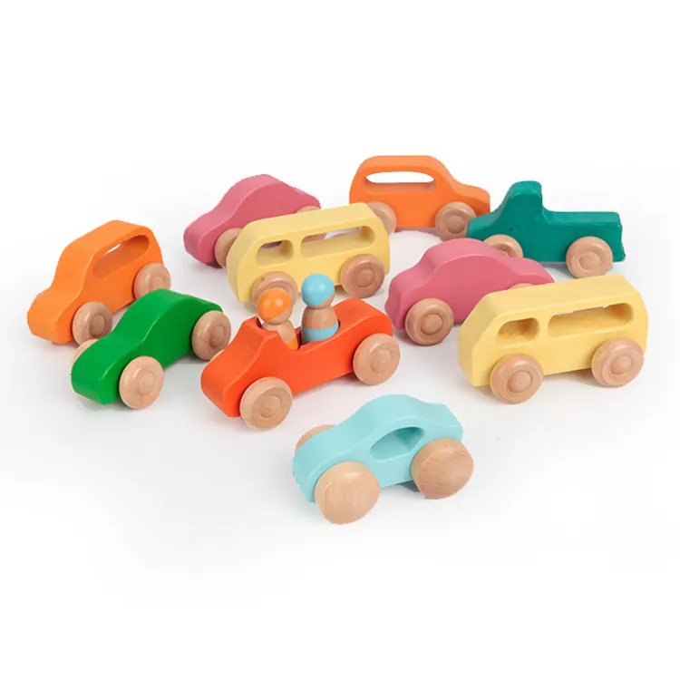 Baby Solid Wood Rts Rainbow Colored Race Ramp Racer Child Organic Montessori Wooden Kids Track Wooden Push Toy Cars With Wheels