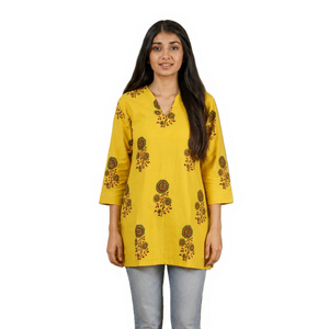 Kurti Corto de Verano Moderno de Algodón Estampado Amarillo, Corte Regular, Largo Regular, Ropa Casual India para Mujer, Protección Solar, Secado Rápido - Product Image 1