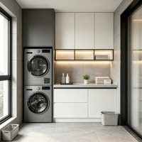 Meuble de buanderie moderne en MDF sur mesure, colonne lave-linge/sèche-linge, dissimule les appareils, sans poignées, évier, comptoir, étagère ouverte, pour appartement et hôtel