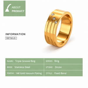 แหวนสแตนเลสสตีลสีทองประดับเพชรซิร์คอน ชุบทอง 14K แบบสุญญากาศ ลายเส้นสามเส้น วงกว้างแบบติดแน่น - Product Image 2