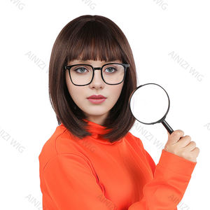 Peluca Ainizi de 12 Pulgadas, Estilo Bob Corto con Flequillo, Color Castaño Oscuro, para Cosplay de <span class=keywords><strong>Velma</strong></span> de Scoob - Product Image 1