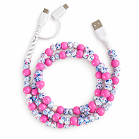 Chargeur de téléphone mignon et vibrant rose à pois avec perles, câble USB multifonction 3 en 1 à charge rapide, accessoires de voiture, cadeau pour femmes