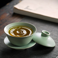 Service à thé Kung Fu trois pièces haut de gamme en porcelaine craquelée, avec bol couvert de style Tianqing Ru, pour la préparation du thé et bol à thé Gaiwan
