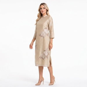 Vestidos Elegantes Estilo Chino al por Mayor, Color Beige, 86% Lyocell y 14% Nailon, Vestido <span class=keywords><strong>Cheongsam</strong></span> Moderno, Qi Pao - Product Image 2
