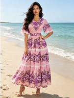 Ventes en gros de robes mi-longues plissées à manches courtes à imprimé floral col en V, robes décontractées élégantes Miyaki, robes pour femmes grandes tailles