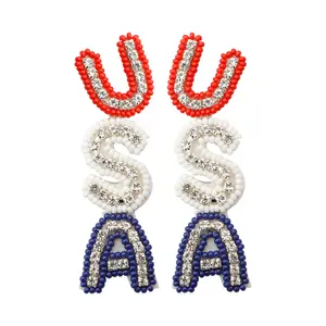 Fashion Jewelry Seed Bead Earrings Luxury Dangle 4th of July Beaded Rhinestone Long Letter USA Earrings for Women Ladies