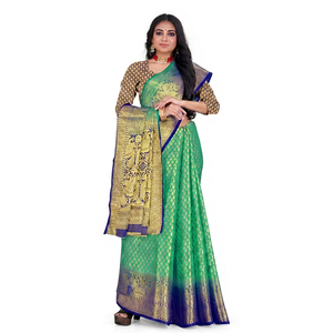 Sari en soie vert et or avec motif Buti pour mariage et festivals, tenue traditionnelle pour femmes, longueur au sol - Product Image 1