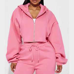 أطقم رياضية نسائية حسب الطلب: هودي قصير بسحاب بأكمام طويلة وبنطلون بأرجل واسعة - Product Image 2