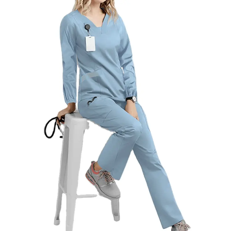 Setelan scrub seragam rumah sakit, atasan lengan panjang Anti keriput leher V dokter perawatan jogging set scrub medis untuk wanita