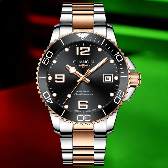 Luxury Men's Automatic Mechanical Sport Watch Stainless Steel Band Diver Feature Sapphire Crystal Pointer Dial Display ETA