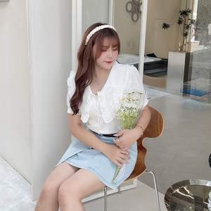 เสื้อเบลาส์แขนสั้นผ้าชีฟองสำหรับผู้หญิงขนาดใหญ่พิเศษคอปกปีเตอร์แพนแต่งระบายสีทึบ N8084ฤดูร้อน - Product Image 4