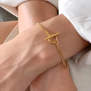Minimalist Jewelry 18k Gold Plated Stainless Steel Toggle Clasp Bracelet 3mm Thin Cuban Chain Bracelet Women