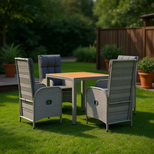 Ensemble de salle à manger de jardin en rotin gris 4 places, table en teck, mobilier d'extérieur résistant aux intempéries, design contemporain - Product Image 2