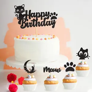 新款20支黑色闪光猫纸杯蛋糕礼帽生日婴儿淋浴婚礼小猫主题蛋糕礼帽配件