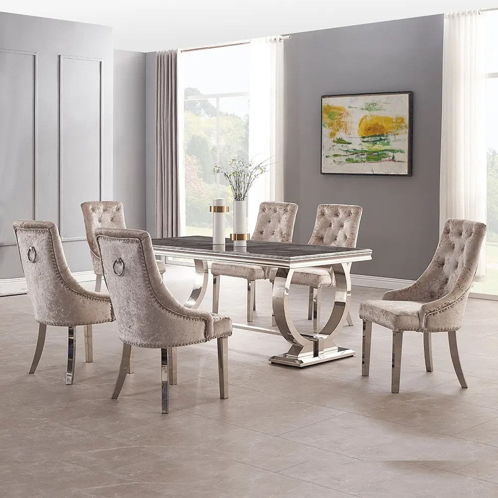 Ensemble de <span class=keywords><strong>table</strong></span> à manger en acier inoxydable, meubles de maison moderne, style marbre, nouveau modèle,