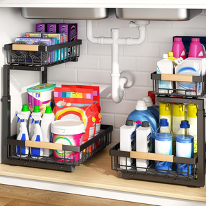 Organisateur de rangement sous évier de cuisine en métal noir réglable à 2 niveaux, tiroir coulissant en forme de L pour salle de bain, OEM - Product Image 1