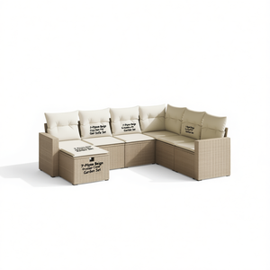 7-Piece Beige Poly Rattan Garden <b>Sofa</b> <b>Set</b> Outdoor Furniture Powder Coated Steel Frame Contemporary Design - Product Image 1