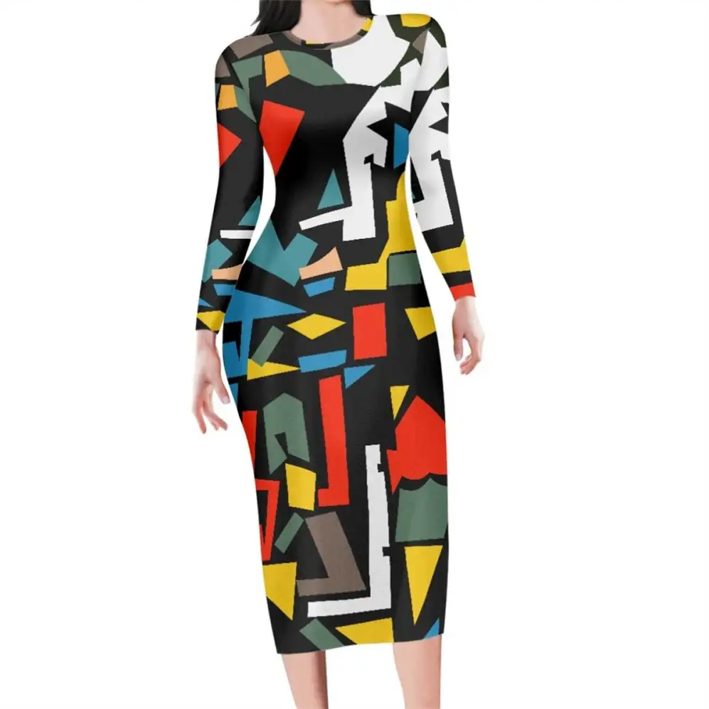 Abstract Geometric Color Block Custom Print Logo Plus Size Prom Office For Mature Women's Wear Sexy Slim Fit Knee Length Dresses