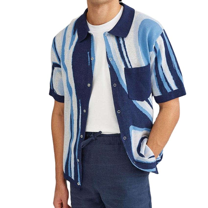 2023 Men Sweater Custom Front Pocket Polo Knit Shirt Marble Jacquard Knitted Knitwear Men Pullover Sweater