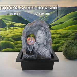 <span class=keywords><strong>Fontaine</strong></span> en résine sculptée en forme <span class=keywords><strong>de</strong></span> tête <span class=keywords><strong>de</strong></span> <span class=keywords><strong>Bouddha</strong></span> Lotus avec jardin zen flottant, élément d'eau pour l'aménagement paysager extérieur, Feng Shui et décoration contemporaine - Product Image 2