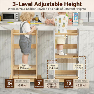 Tour d'apprentissage pour tout-petits à 3 niveaux réglables - Marchepied de cuisine stable pour enfants avec barre transversale de protection - Product Image 3
