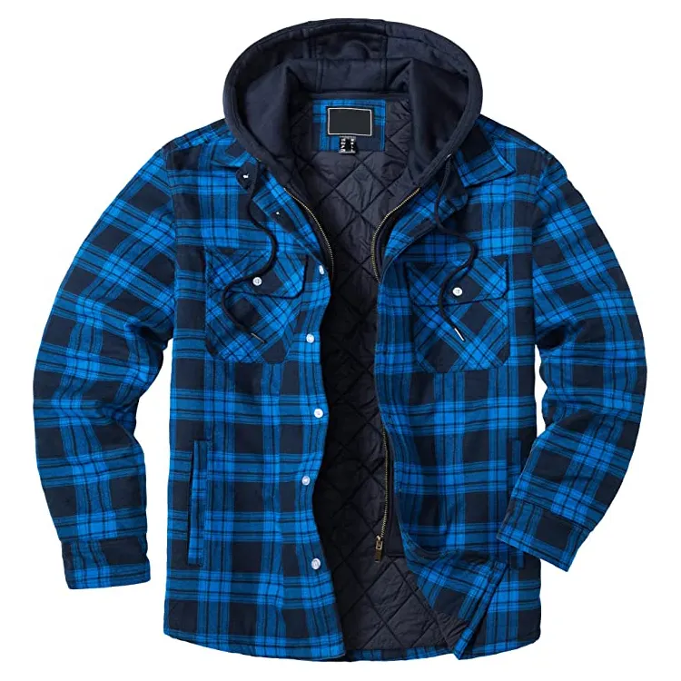 Men's Winter Shirt Jackets Thick Zip Plaid Flannel Shirts Detachable Hood Quilted Lined Cotton Coat with Pockets