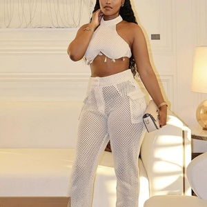 Chic Design Halter <b>Sexy</b> Crop Tops See Through Mesh Pants Summer Club Party Women <b>Sets</b> Fashion - Product Image 3
