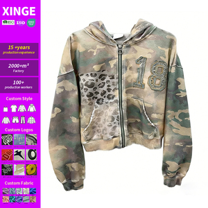 Sweat-shirt à capuche zippé pour homme, motif camouflage et patchwork <span class=keywords><strong>l</strong></span>éopard, effet vieilli, numéro brodé, style streetwear, vente <span class=keywords><strong>en</strong></span> gros OEM ODM - Product Image 1