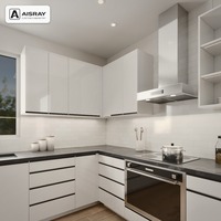Meuble de cuisine en acrylique avec portes au design minimaliste, aménagement en U, dimensions personnalisées, rangement par tiroirs et unités modulaires