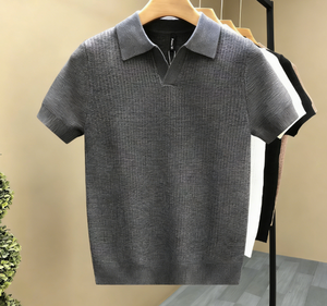 <b>Men's</b> Summer New Knitted Lyocell Scissor Collar Short-Sleeve Knitted Shirt Cool Wrinkle-Resistant T-Shirt - Product Image 1