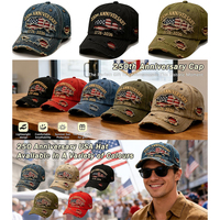 Casquette de baseball unisexe à motif drapeau américain, en coton lavé, effet vieilli, taille ajustable, USA, 250e anniversaire, usage quotidien décontracté