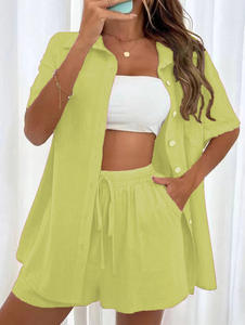 2025 femmes 2 pièces ensemble élégant été couleur unie décontracté ample short et chemise ensemble - Product Image 5