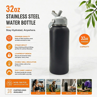 Bouteille d'eau portable isotherme en acier inoxydable de 32 oz, grande capacité, avec couvercle rabattable et poignée amovible