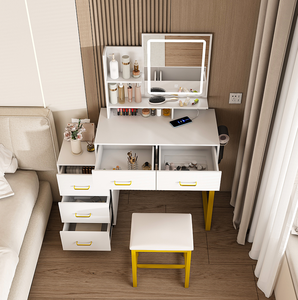 Modern Makeup Vanity <b>Table</b> with LED Lights & 3-Color Power Outlet 5 Drawers Sturdy Metal <b>Legs</b> & Chair for Bedroom/Living Room - Product Image 3