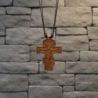 Collier avec pendentif religieux orthodoxe en bois en forme de croix, chaîne en corde - Unisexe, cadeau souvenir pour toutes les occasions avec gravure
