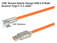 Câble USB C Type C à charge rapide, câble en silicone Type-C mâle vers USB A mâle, avec un angle de 180 degrés ° Câble de charge rapide rotatif