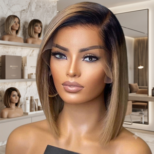 Perruques Courtes Bob Pixie en Cheveux Humains Couleur Marron pour Femmes, Densité 180, Ombré Blond, Cheveux Brésiliens Remy, Perruques Bob Lace Front - Product Image 1