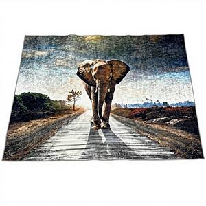 Tapis en laine patchwork imprimé éléphant, écologique, avec dos en latex, lavable à la main, velours de luxe, antidérapant - Product Image 1