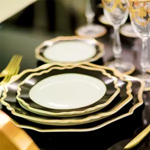จานอาหารค่ำสุดหรูสีทอง,จานชาร์จเซรามิกสีดำสำหรับงานแต่งงานอาหารเย็นแบบไม่สม่ำเสมอขอบทอง