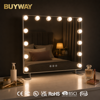 Cermin Rias Kayu Holly Persegi Panjang Putih Dengan Lampu 14 Bohlam LED Cermin Rias Berlampu Penyangga Ponsel 3 Mode Warna Dapat Diredupkan