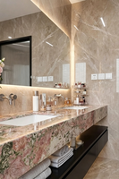 Meuble de salle de bain moderne de luxe à double vasque, noir, mural, avec comptoir en marbre et éclairage LED pour villa