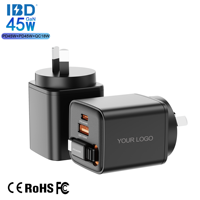 Chargeur mural rapide 45W PD3.0 PPS SCP OTP avec câble rétractable GaN de 80 cm (ports USB-C + USB-A) certifié CE/FCC/OVP