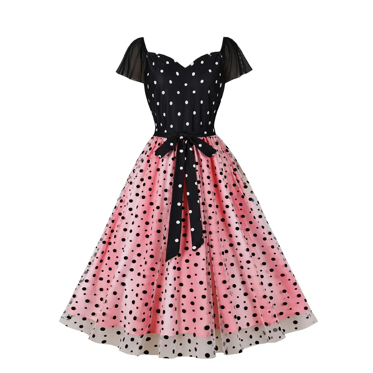 Lässige schwarze rosa Polka Dot Print Patchwork Sommer Damen kleid Elegante Bandage 50er Jahre Mesh Sun dress Retro Vintage Kleider SR1189